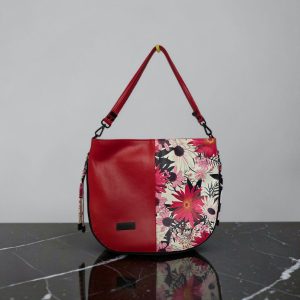 Red floral print slouch bag, matte black hardware.