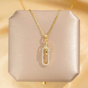 18K Gold Plated Paperclip Link Necklace with Cubic Zirconia Pendant