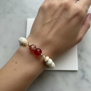 White Turquoise Stretch Bracelet — Golden Swarovski, 14K Gold-Filled Spacers & Red‑Yellow Crackle Center
