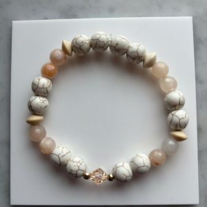 White Turquoise & Peach Quartz Stretch Bracelet — Wood Bicones, Peach Swarovski & 14K Gold-Filled Spacers