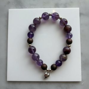 Super 7 & Amethyst Sterling Silver Puffy Heart Bracelet