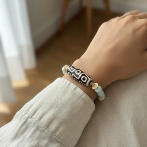 Green Angelite & Tibetan Agate Natural Wood Bead Bracelet