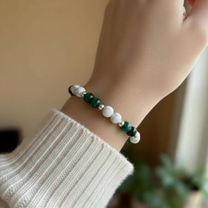 White Howlite & Green Malachite Sterling Silver Stamping Disc Bracelet
