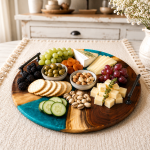 18" Round Walnut & Epoxy Charcuterie Board with Live Edge